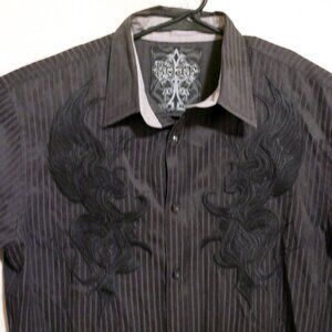 Roar Shirt Mens Large Long Sleeve Button Black Stripes Embroidery